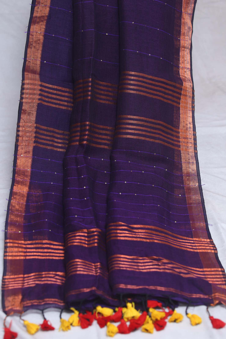 Handloom linen saree with sequins weave , with BP