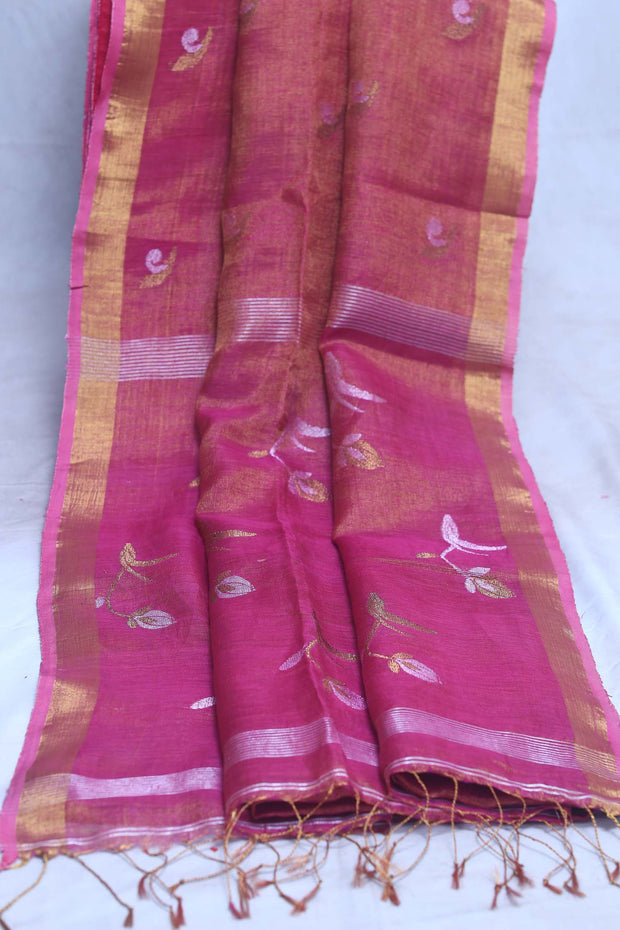 Pink tissue linen saree with jamdani weave, with BP