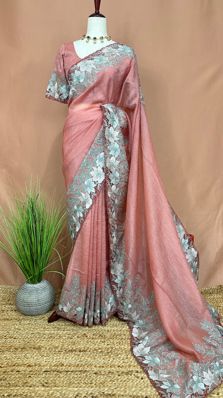 Crushed tissue saree with cut work and stitched blouse