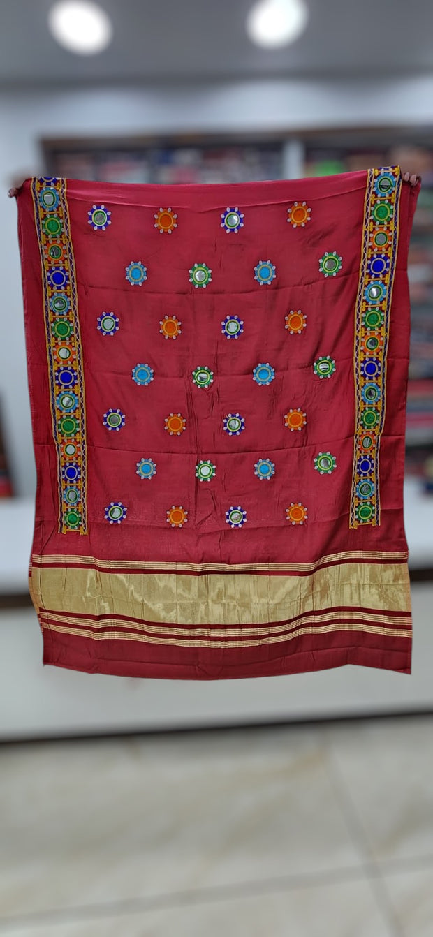 Red Cotton silk dupatta with mirror work