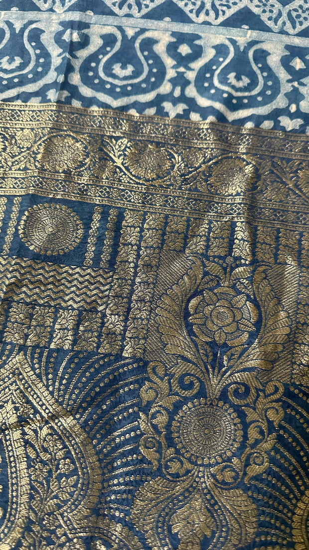 Indigo Blue Ajrakh hand block printed dola silk saree with stitched blouse