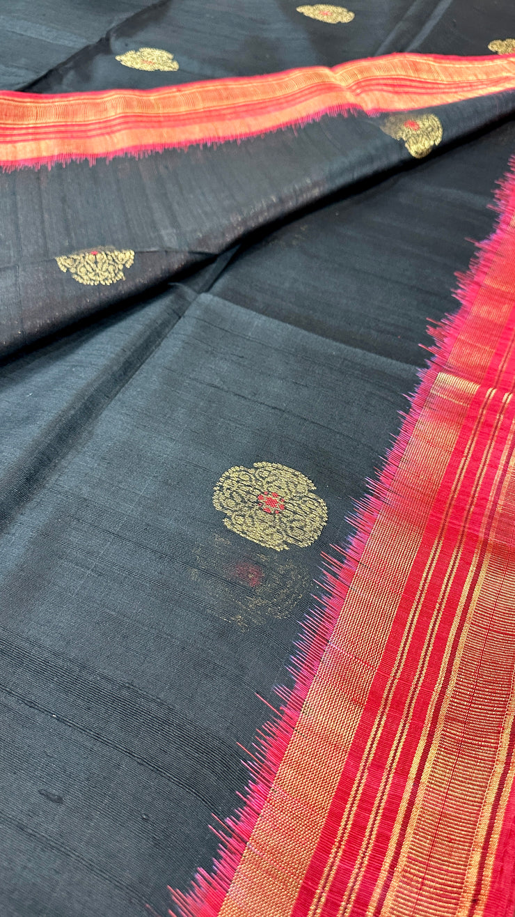 Black and Red Combo Pure Raw Silk Saree with Stitched Blouse