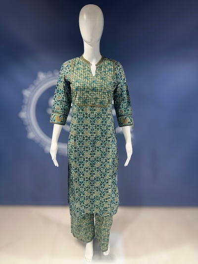 Ajrakh printed green cotton kurti with bottom