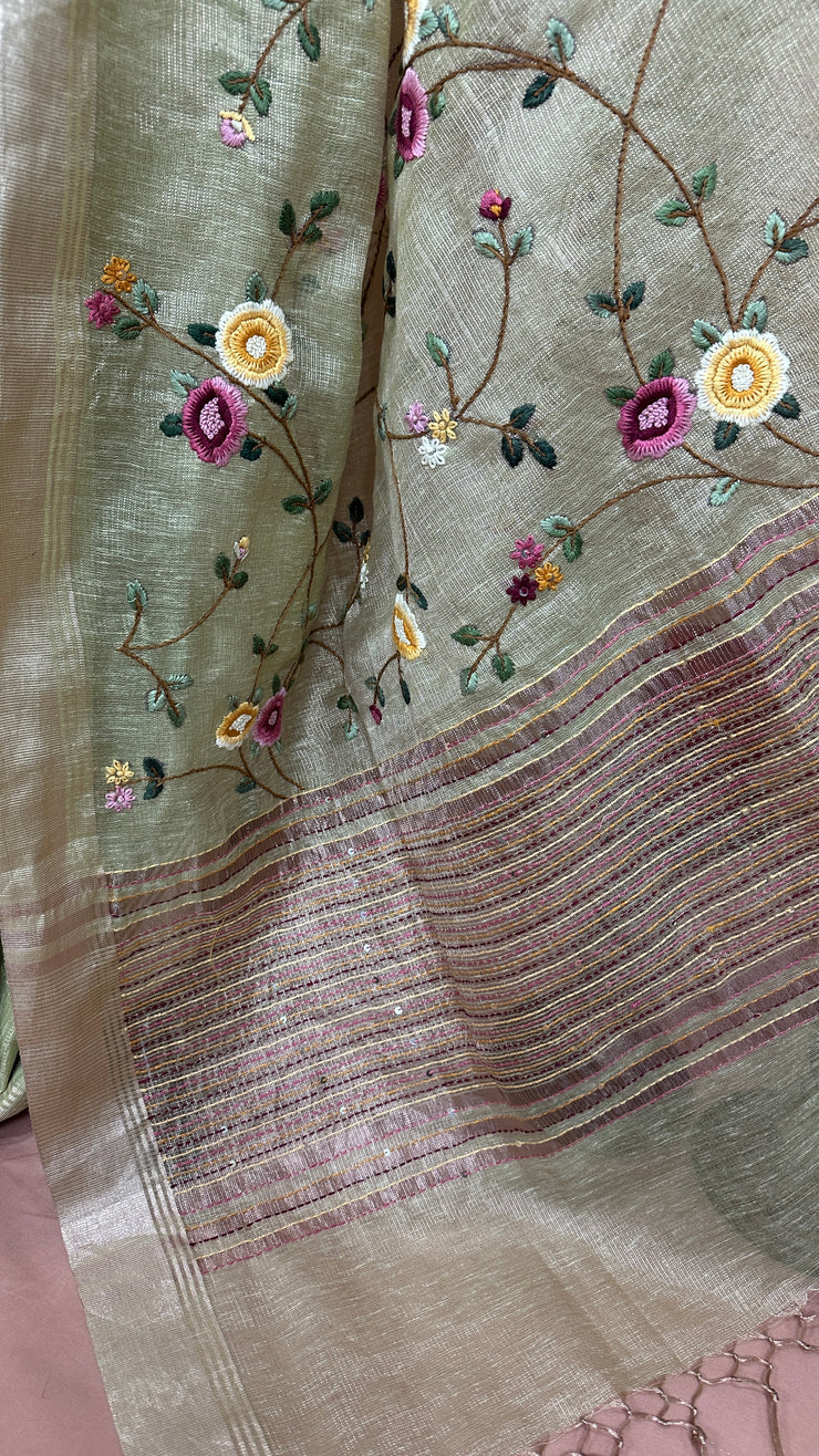 Grey Tissue Linen Saree with Hand Embroidery  and stitched blouse