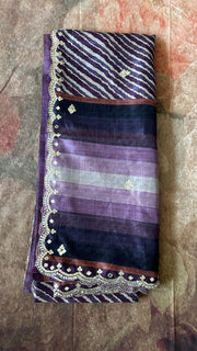 Dark eggplant color tuusar silk saree with gotta work and stitched blouse