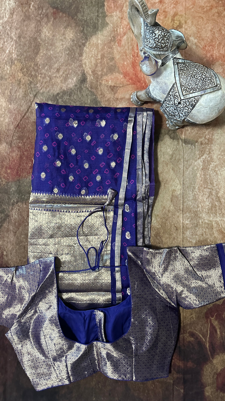 Blue Silk Katan Kotta Bandhej Saree with Stitched Blouse