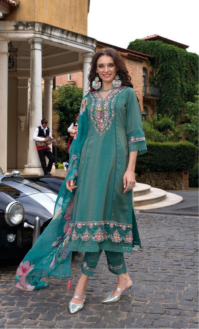 Copper sulphate green Kurti with emboidery , bottom and dupatta