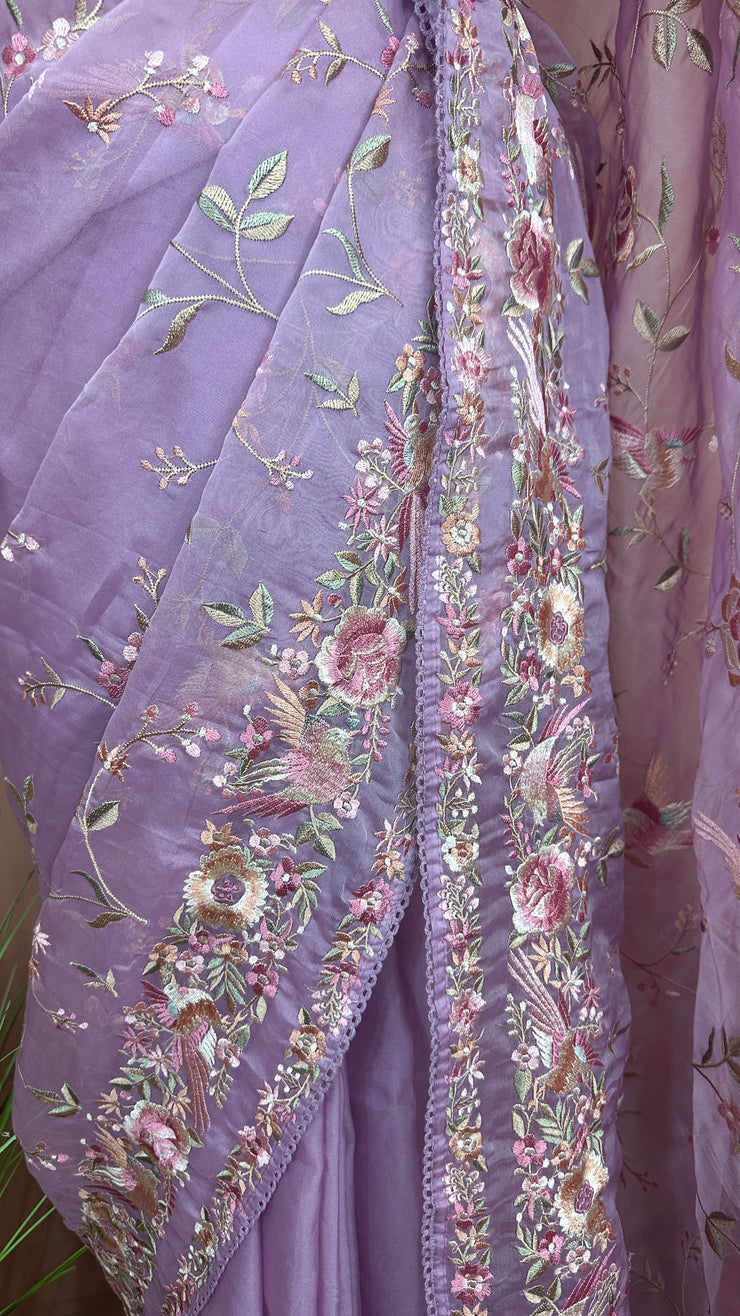 Lilac soft organza saree with Parsi gara machine embroidery work , with stitched blouse