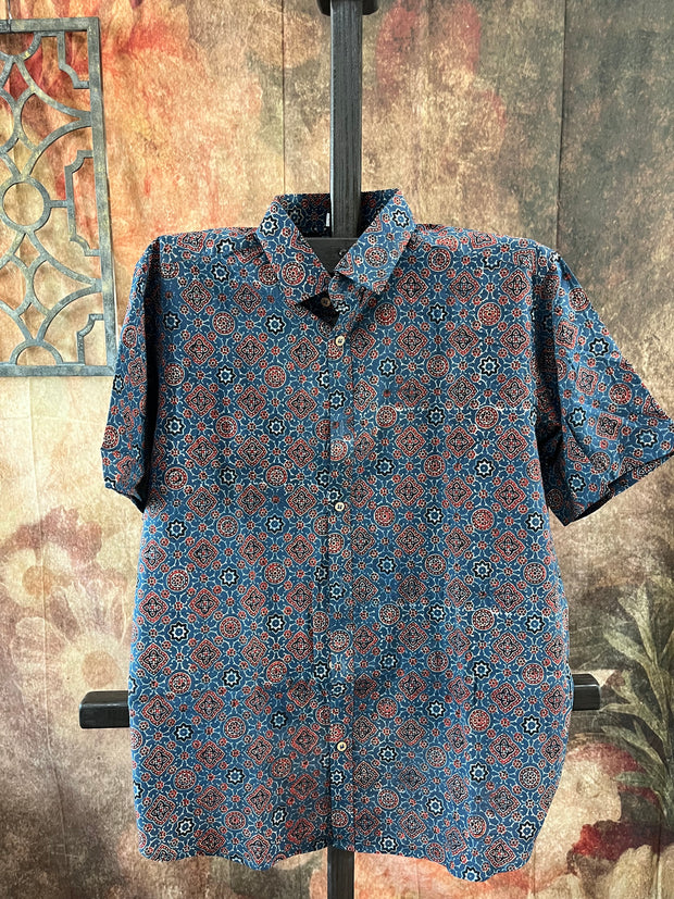 Indigo blue ajrakh hand block printed cotton shirt- Size 38