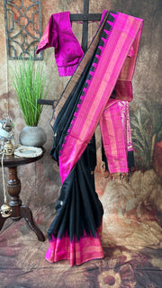 Black and Pink Combo Pure Raw Silk Saree with Stitched Blouse