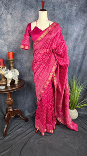 Handblock printed Maheswari cotton silk saree with stitched designer blouse