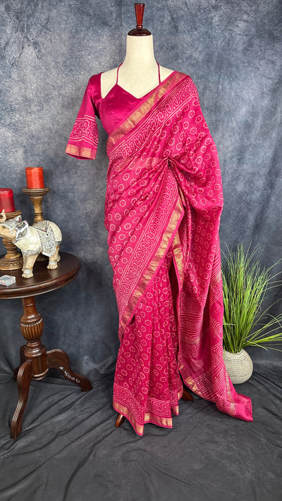 Handblock printed Maheswari cotton silk saree with stitched designer blouse