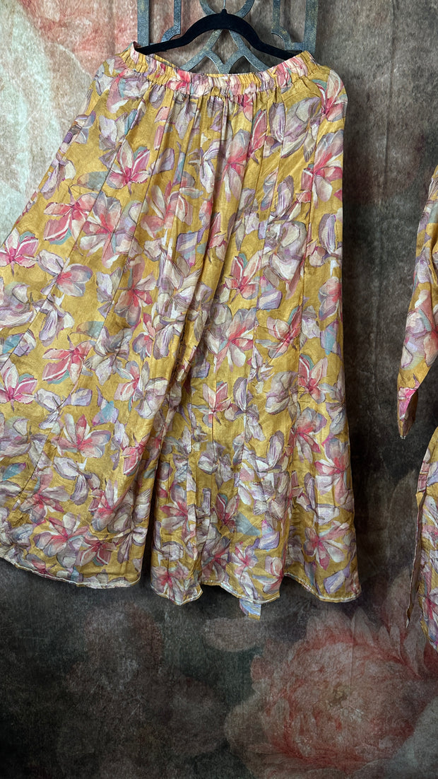 Mustard yellow printed muslin kurti with flared palazo and dupatta