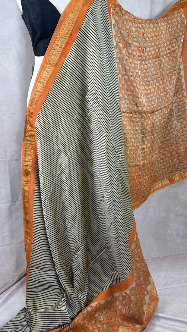 Handblock printed Maheswari cotton silk saree