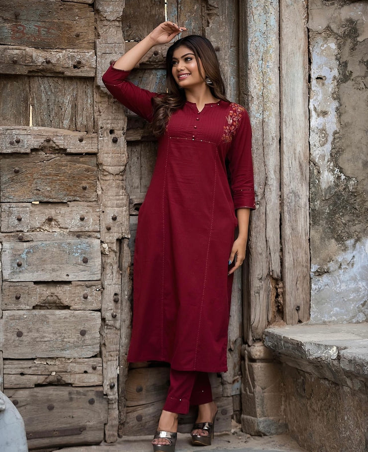 Maroon Cotton kurti with emroidery and bottom