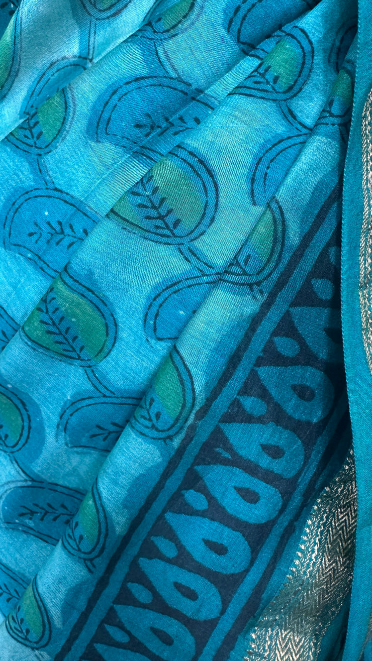 Handblock printed Maheswari cotton silk saree with stitched designer blouse