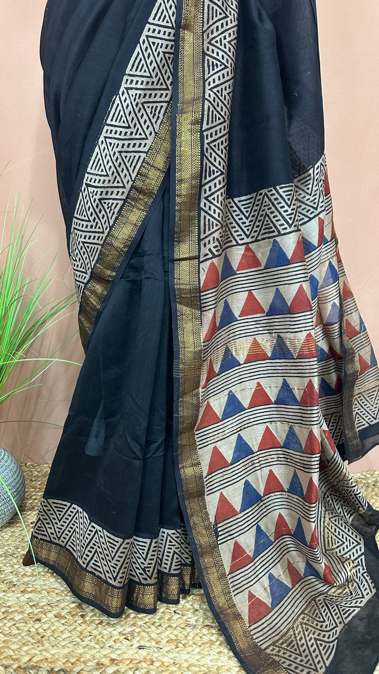 Handblock printed Maheswari cotton silk saree