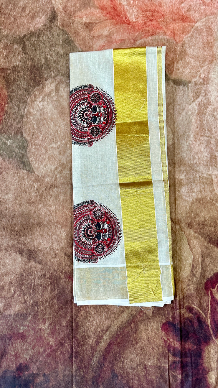 Tissue set mundu with theyyam print