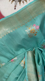 Pure tussar georgette hand loom banarsi saree with meenakari weave, stitched blouse