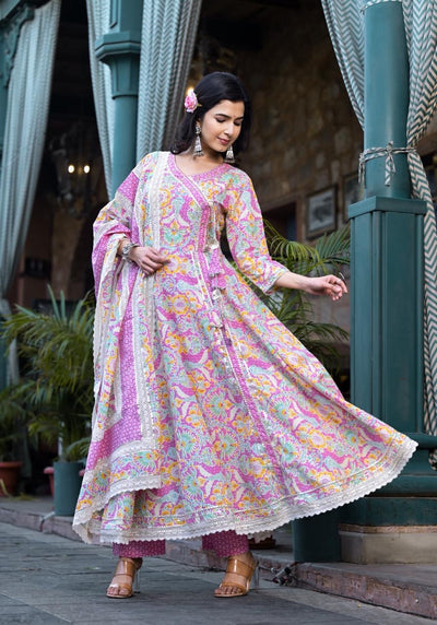 Lilac cotton flared long anarkali with bottom and dupatta