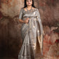 Hand woven Grey Kora Banarsi saree with silver and gold zari stitched blouse