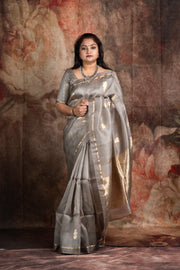 Hand woven Grey Kora Banarsi saree with silver and gold zari stitched blouse