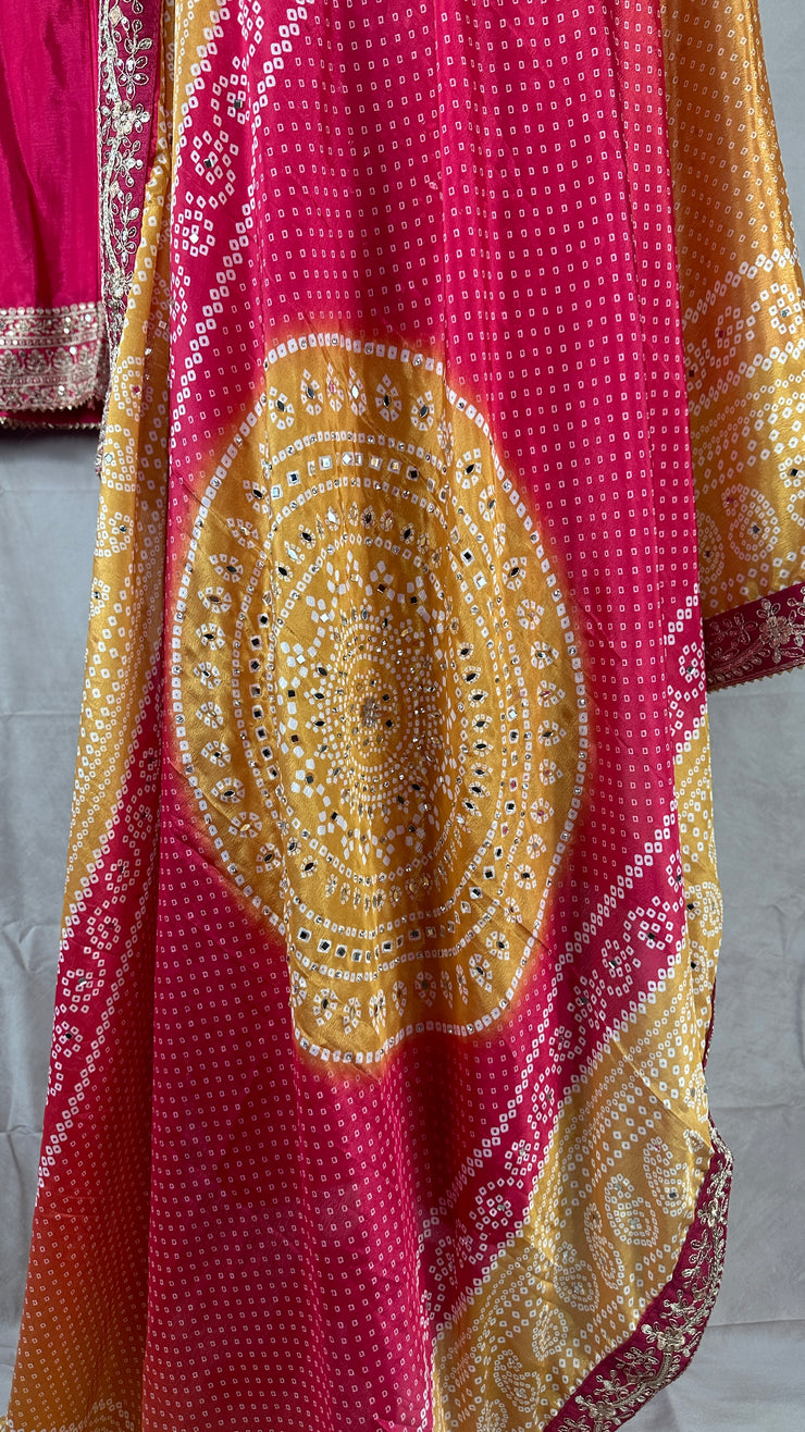 PInk bandini printed top with bottom and yellow dupatta