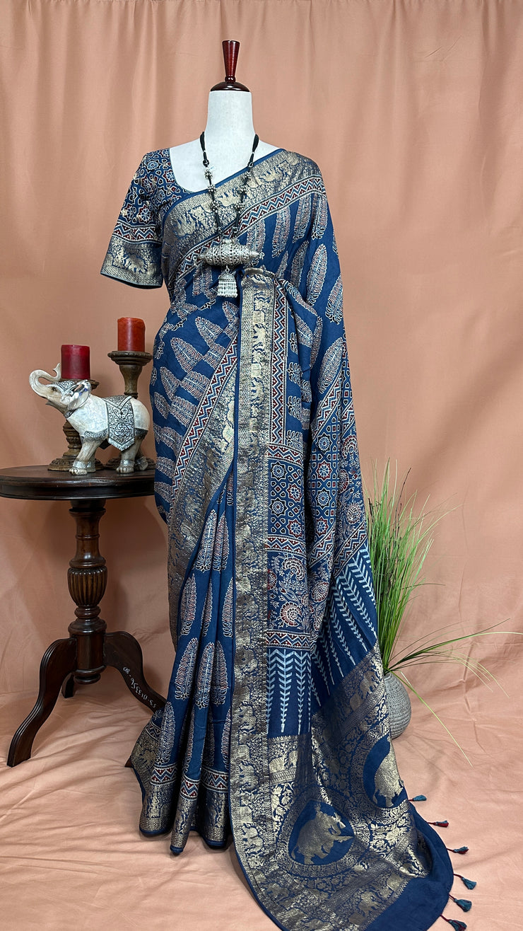 Indigo blue Ajrak hand block printed dola silk saree with stitched blouse