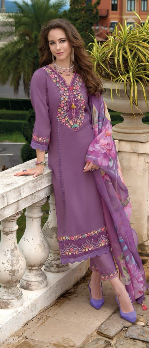 Purple Kurti with emboidery , bottom and dupatta