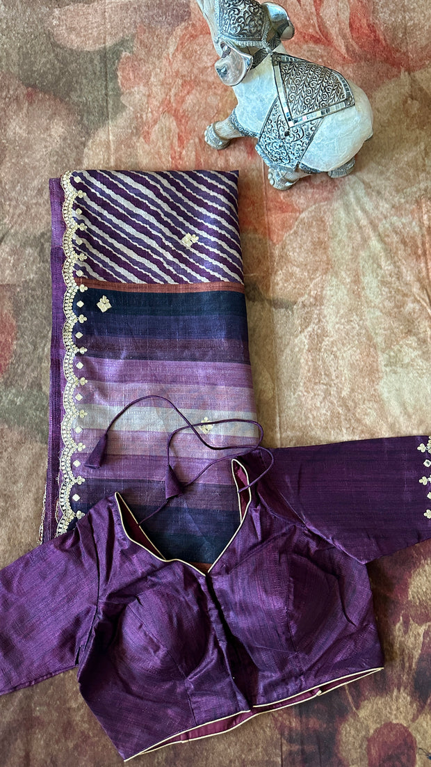 Dark eggplant color tuusar silk saree with gotta work and stitched blouse