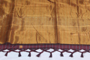 Coffe brown semi silk saree with light blue temple border, with stitched blouse