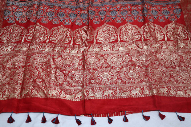 Dola silk saree with Ajrakh hand block print , stitched blouse