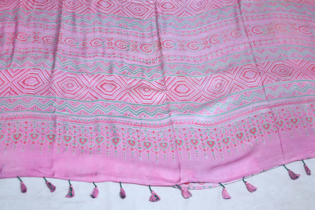 Modal silk saree with hand block print on pallu, with stitched blouse