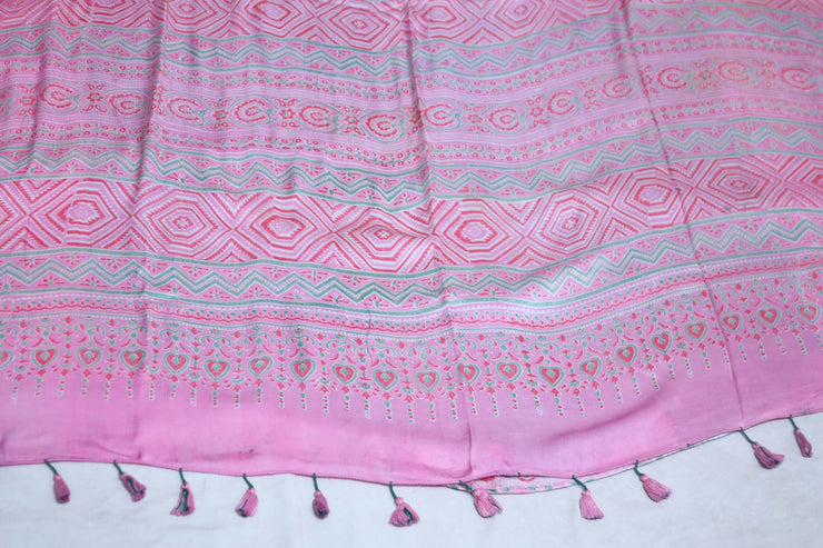 Modal silk saree with hand block print on pallu, with stitched blouse