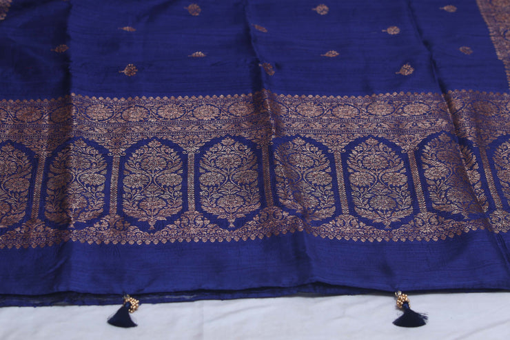 Navy blue dupion pure silk saree with stitched blouse