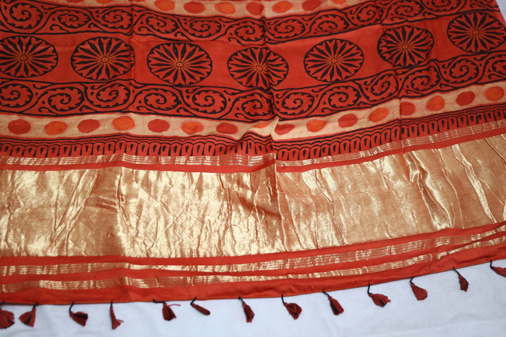 Vanaspati hand block print on modal silk saree with zari pallu and with stitched blouse