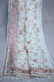 Off white soft organza saree with Parsi gara machine embroidery work , with stitched blouse