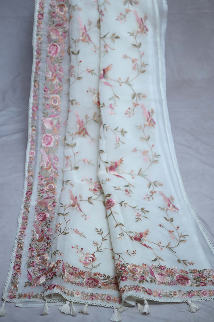 Off white soft organza saree with Parsi gara machine embroidery work , with stitched blouse