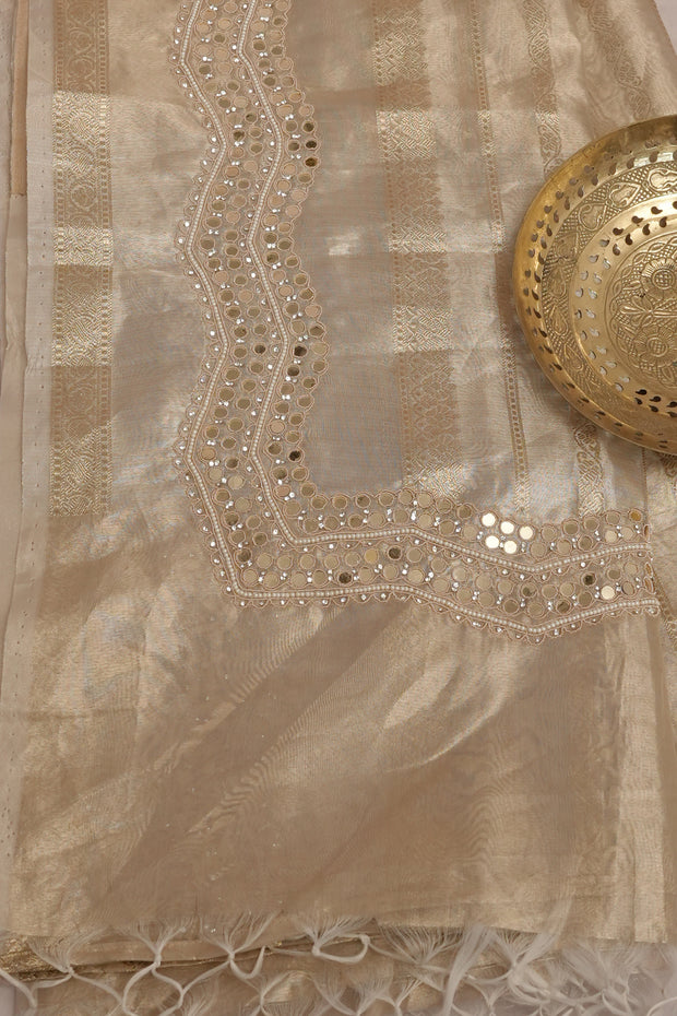 Pure Gold tissue saree with mirror and bead work, with stitched blouse