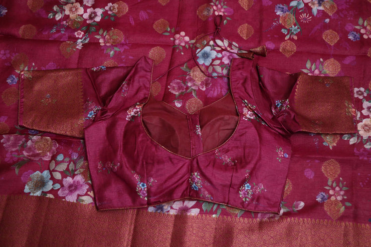 Floral printed pure tussar banarsi with stitched blouse