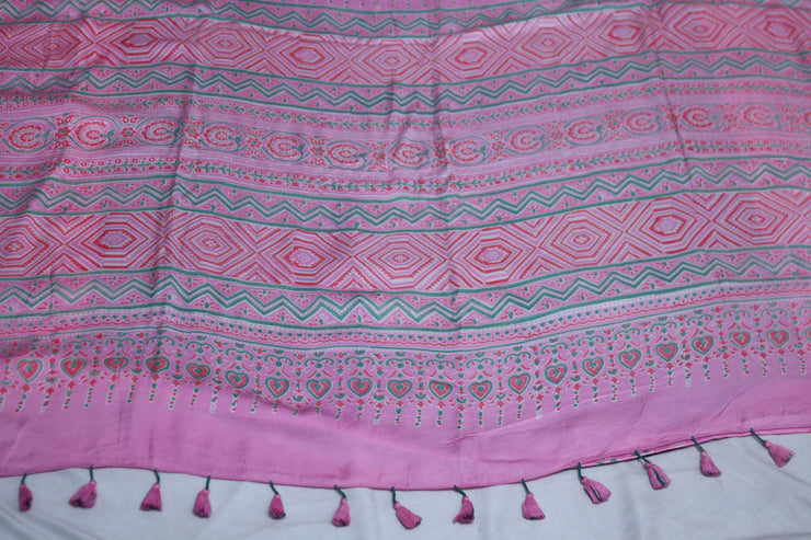 Modal silk saree with hand block print on pallu, with stitched blouse