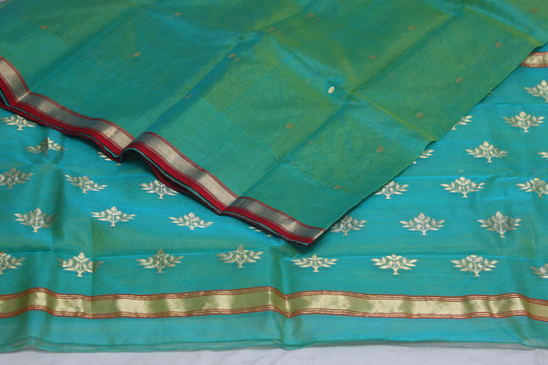 Light green double shaded pure handloom chanderi silk saree with stitched blouse