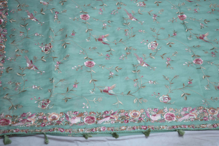 Sea Green soft organza saree with Parsi gara machine embroidery work , with stitched blouse