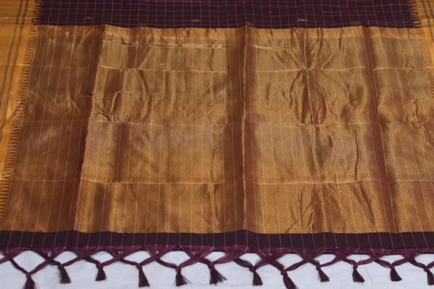 Coffe Brown semi silk saree with yellow temple border, with stitched blouse