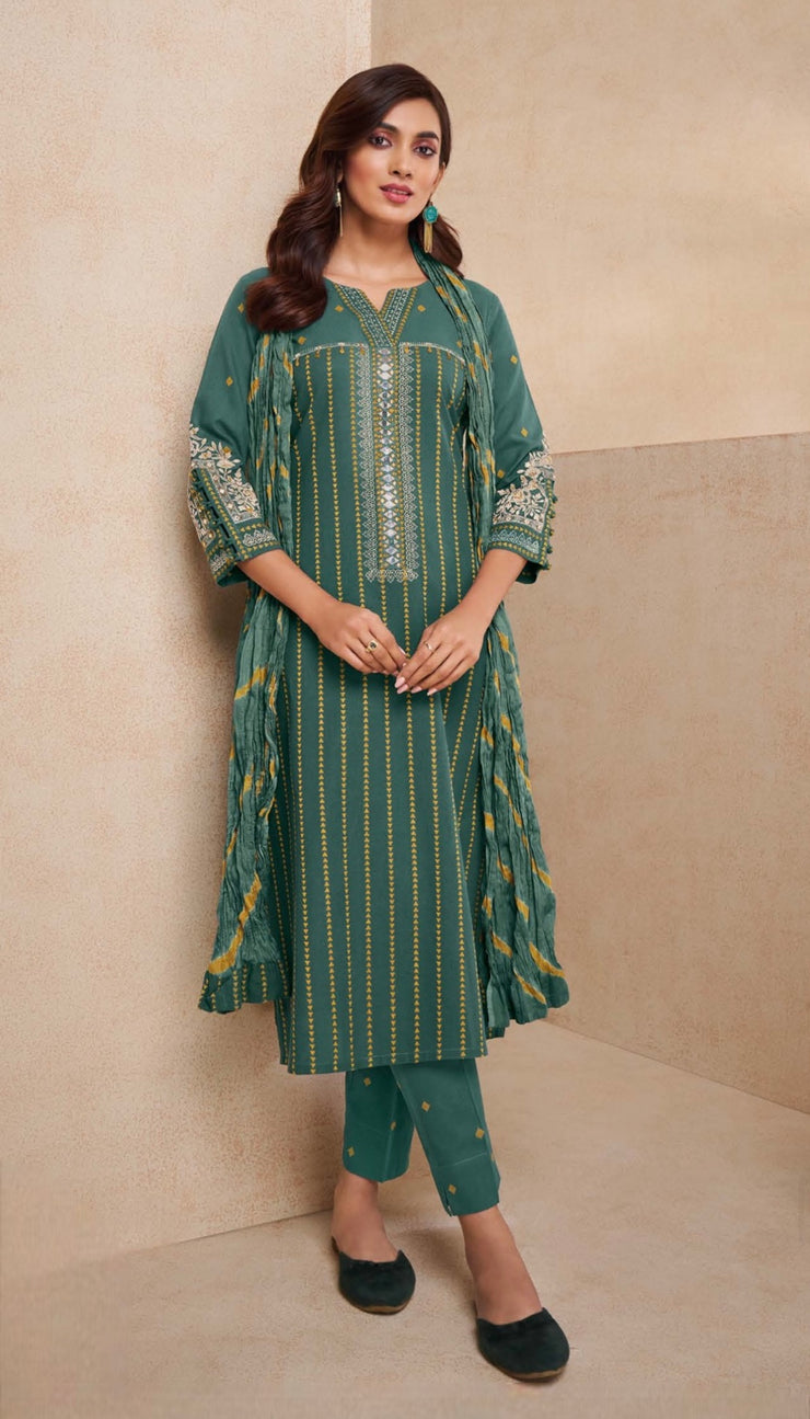 Green cotton kurti with bottom and dupatta