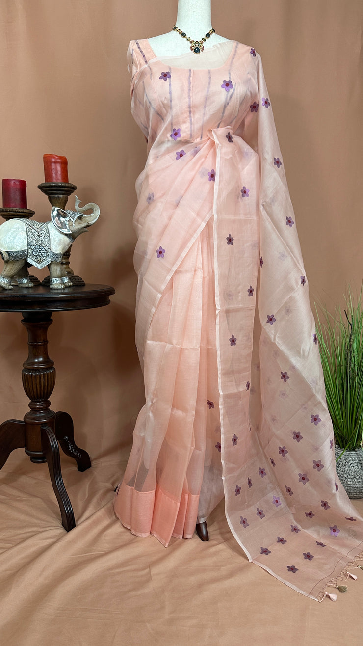 Pastel Pink Pure organza silk saree with stitched blouse