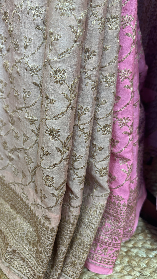 Lotus pink ombre pure crepe silk saree with stitched blouse