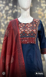 Navy blue cotton kurti with mirror and handwork, with bottom and dupatta