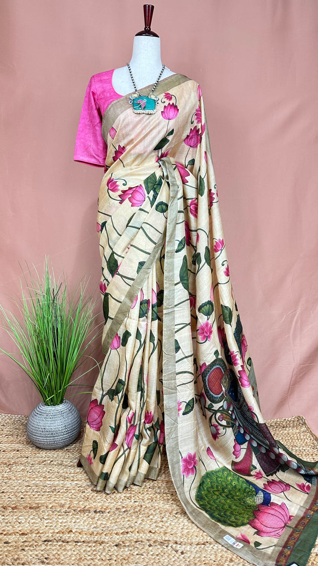 Off white pitchwai printed pure tussar silk saree with stitched blouse