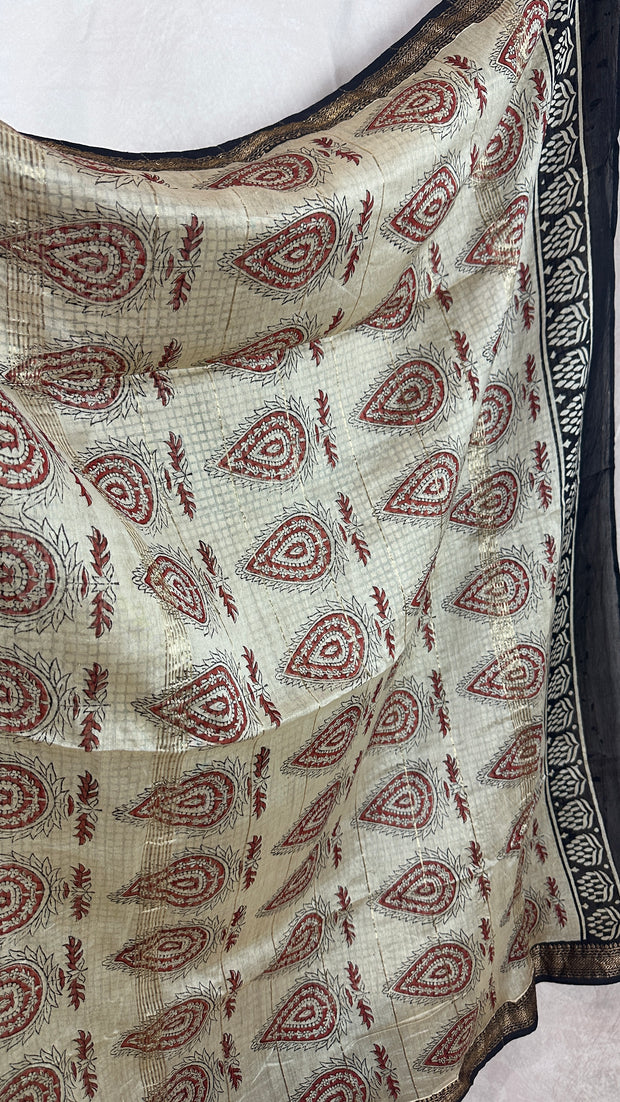 Handblock printed Maheswari cotton silk saree